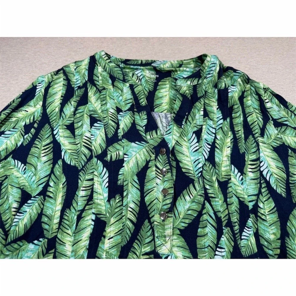NWT Kim Rogers Tunic Blouse Womens Plus 1X Green Tropical Leaf 3/4 Sleeve - Picture 4 of 10
